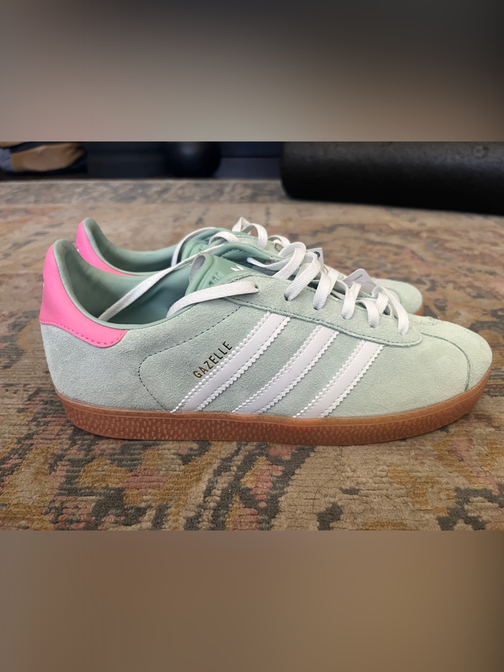 adidas Gazelle Mint Green Suede Sneakers with Pink Heel Tab